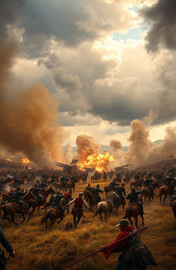 A dramatic battlefield scene depicting a fierce clash between two armies, with soldiers in historical uniforms engaged in combat