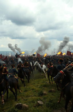 A dramatic battlefield scene depicting a fierce clash between two armies, with soldiers in historical uniforms engaged in combat