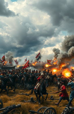 A dramatic battlefield scene depicting a fierce clash between two armies, with soldiers in historical uniforms engaged in combat