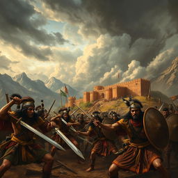 An intense historical scene depicting a dramatic battle from a significant Indian war, showcasing warriors in traditional attire, brandishing swords and shields