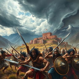 An intense historical scene depicting a dramatic battle from a significant Indian war, showcasing warriors in traditional attire, brandishing swords and shields