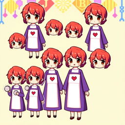 Multiple vibrant chibi-style pixel art characters of girls with very short red hair and brown eyes