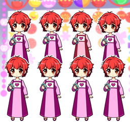 Multiple vibrant chibi-style pixel art characters of girls with very short red hair and brown eyes