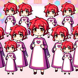 Multiple vibrant chibi-style pixel art characters of girls with very short red hair and brown eyes