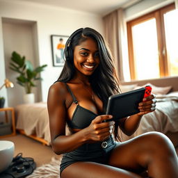 A sexy and beautiful 26-year-old dark-skinned gamer girl with a fitness body, busty, and standing at 165 centimeters tall