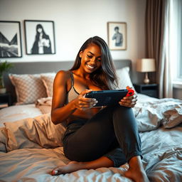 A sexy and beautiful 26-year-old dark-skinned gamer girl with a fitness body, busty, and 165 centimeters tall