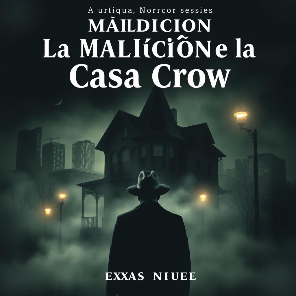 A Noir style book cover for a horror novel titled 'La Maldición de la Casa Crow'