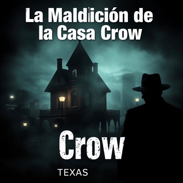 A Noir style book cover for a horror novel titled 'La Maldición de la Casa Crow'