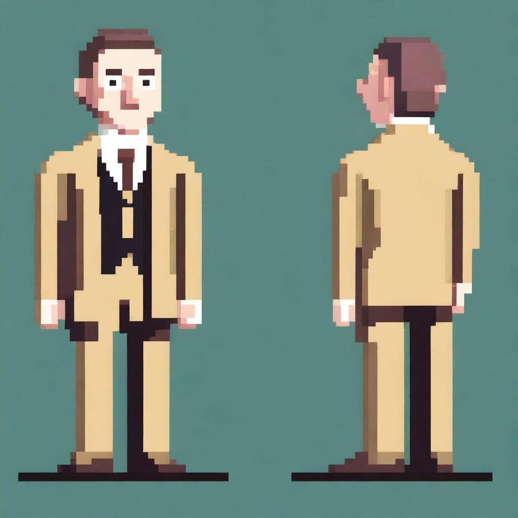 Create a full body, single character of Jesse Livermore in game-style pixel art, facing right