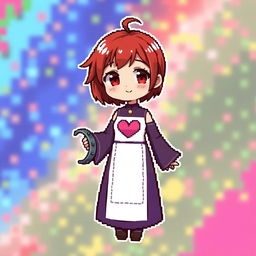 A highly detailed chibi-style pixel art character of a girl with extremely short red hair and brown eyes