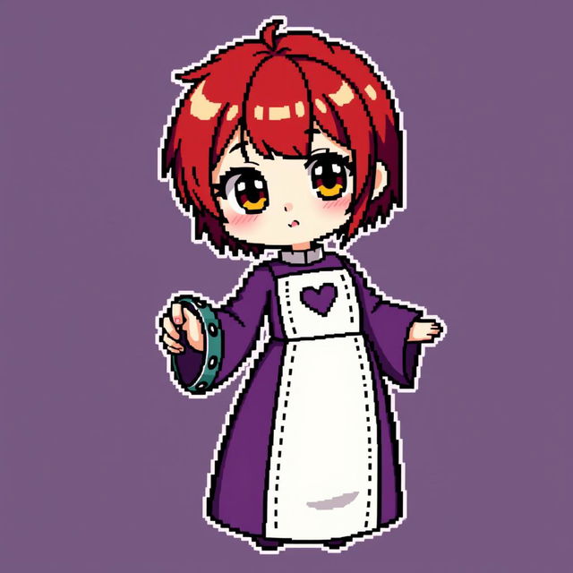 A highly detailed chibi-style pixel art character of a girl with extremely short red hair and brown eyes