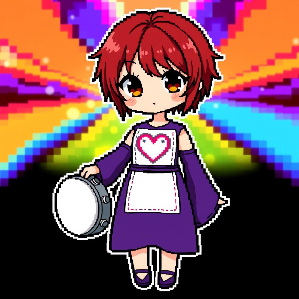 A highly detailed chibi-style pixel art character of a girl with extremely short red hair and brown eyes