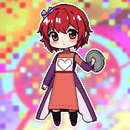 A highly detailed chibi-style pixel art character of a girl with extremely short red hair and brown eyes