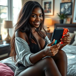 A sexy and beautiful 26-year-old dark-skinned gamer girl with a fitness body, busty, and 165 centimeters tall