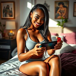 A sexy and beautiful 26-year-old dark-skinned gamer girl with a fitness body, busty, and 165 centimeters tall