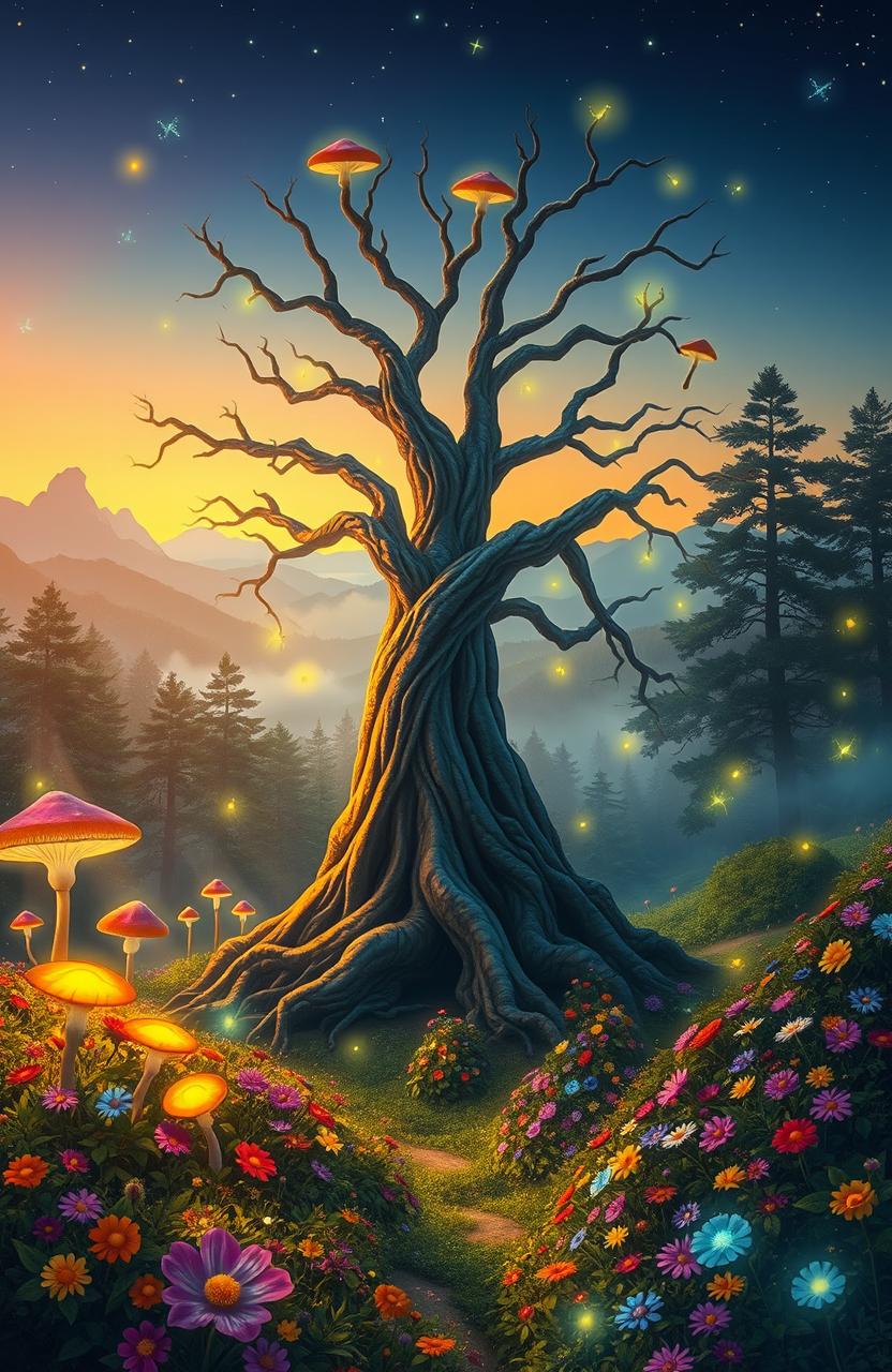 An enchanting fantasy forest at twilight, illuminated by glowing mushrooms and ethereal fireflies