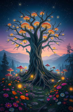 An enchanting fantasy forest at twilight, illuminated by glowing mushrooms and ethereal fireflies