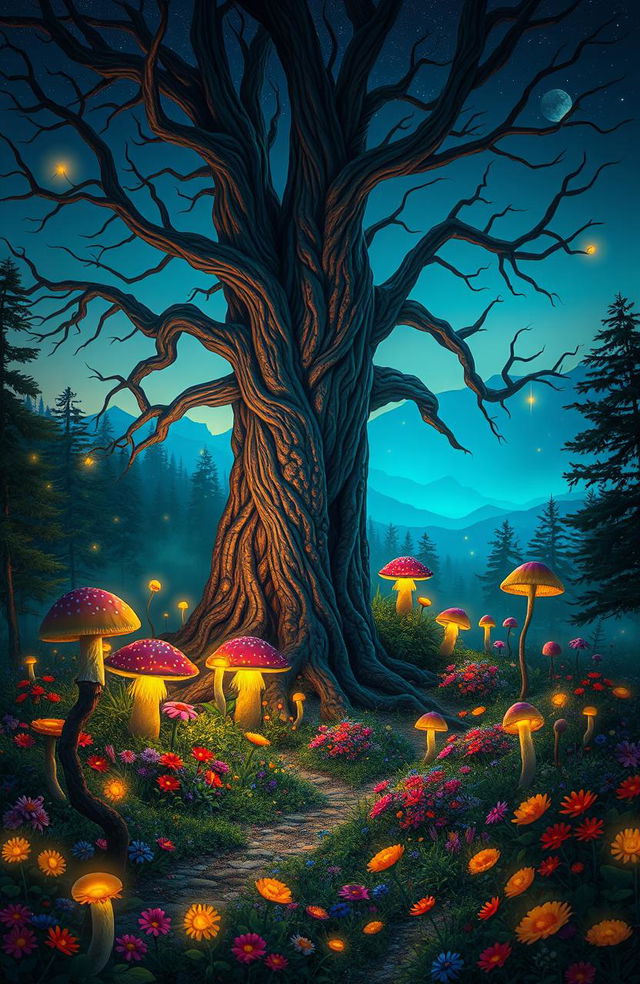 An enchanting fantasy forest at twilight, illuminated by glowing mushrooms and ethereal fireflies