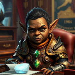 A short gnome with very pointy ears resembling a middle-aged black woman, characterized by a strong and determined expression