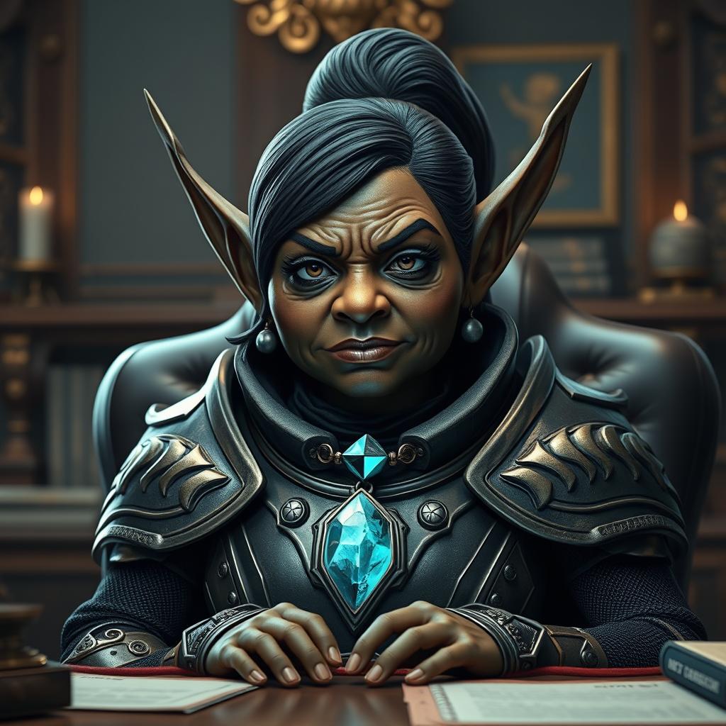 A short gnome with very pointy ears resembling a middle-aged black woman, characterized by a strong and determined expression