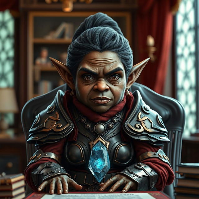 A short gnome with very pointy ears resembling a middle-aged black woman, characterized by a strong and determined expression