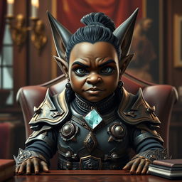 A short gnome with very pointy ears resembling a middle-aged black woman, characterized by a strong and determined expression