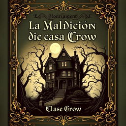 A Vintage style book cover for a horror novel titled 'La Maldición de la Casa Crow'
