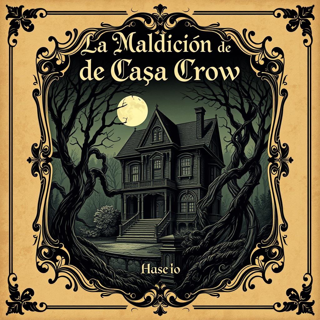 A Vintage style book cover for a horror novel titled 'La Maldición de la Casa Crow'