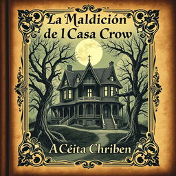 A Vintage style book cover for a horror novel titled 'La Maldición de la Casa Crow'