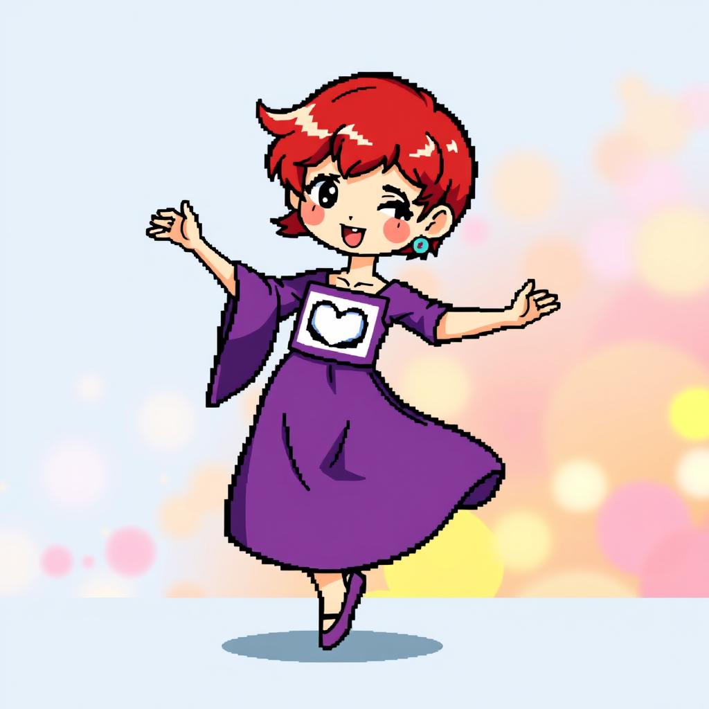 A chibi-style pixel art character of a girl dancing gracefully