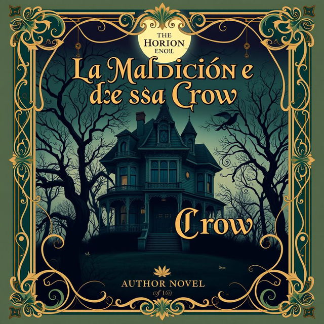 An Art Nouveau style book cover for a horror novel titled 'La Maldición de la Casa Crow'