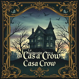 An Art Nouveau style book cover for a horror novel titled 'La Maldición de la Casa Crow'