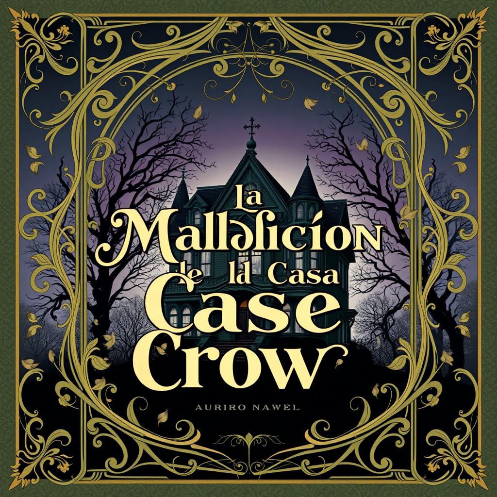 An Art Nouveau style book cover for a horror novel titled 'La Maldición de la Casa Crow'