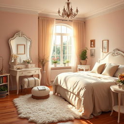 A beautifully designed mother's bedroom, featuring soft pastel colors and cozy decor