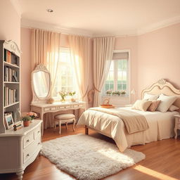 A beautifully designed mother's bedroom, featuring soft pastel colors and cozy decor