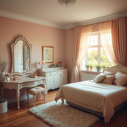 A beautifully designed mother's bedroom, featuring soft pastel colors and cozy decor