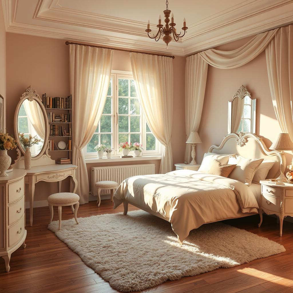 A beautifully designed mother's bedroom, featuring soft pastel colors and cozy decor