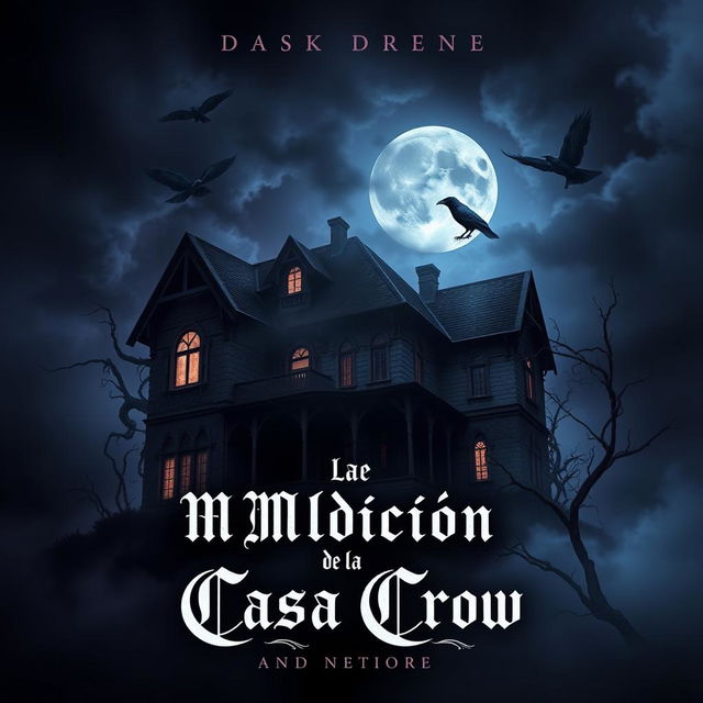 A Dark Fantasy style book cover for a horror novel titled 'La Maldición de la Casa Crow'