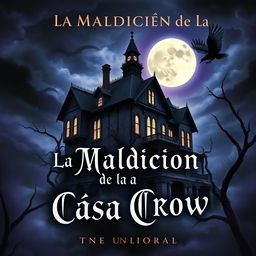 A Dark Fantasy style book cover for a horror novel titled 'La Maldición de la Casa Crow'