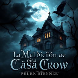 A Dark Fantasy style book cover for a horror novel titled 'La Maldición de la Casa Crow'