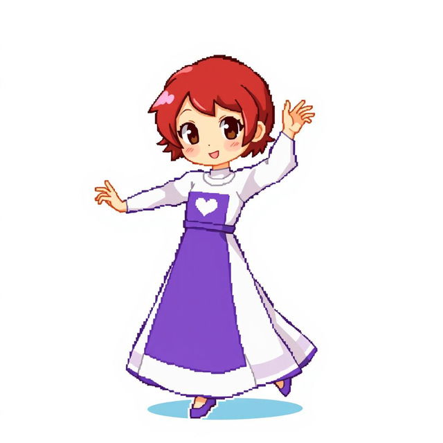 A chibi-style pixel art character of a girl dancing energetically