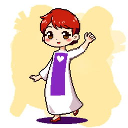 A chibi-style pixel art character of a girl dancing energetically
