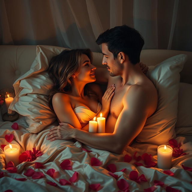 A sensual scene depicting two adults in an intimate moment, surrounded by warm candlelight and soft pillows