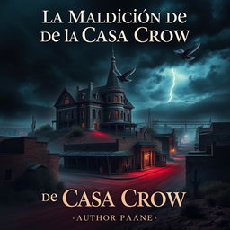 A Dark Fantasy style book cover for a horror novel titled 'La Maldición de la Casa Crow' set in a haunted Texas city