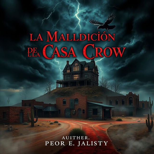 A Dark Fantasy style book cover for a horror novel titled 'La Maldición de la Casa Crow' set in a haunted Texas city