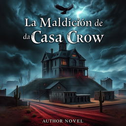 A Dark Fantasy style book cover for a horror novel titled 'La Maldición de la Casa Crow' set in a haunted Texas city