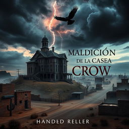 A Dark Fantasy style book cover for a horror novel titled 'La Maldición de la Casa Crow' set in a haunted Texas city