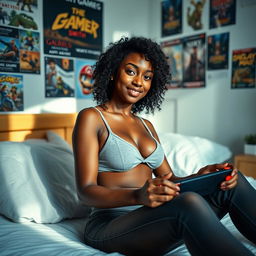 A beautiful 26-year-old dark-skinned gamer girl with a fit body, 165 centimeters tall, and curly hair, portrayed in a casual yet sexy outfit