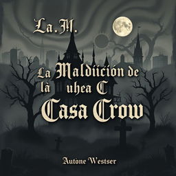A Macabre Illustrated style book cover for a horror novel titled 'La Maldición de la Casa Crow', set in a haunted city in Texas