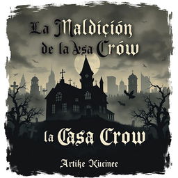 A Macabre Illustrated style book cover for a horror novel titled 'La Maldición de la Casa Crow', set in a haunted city in Texas